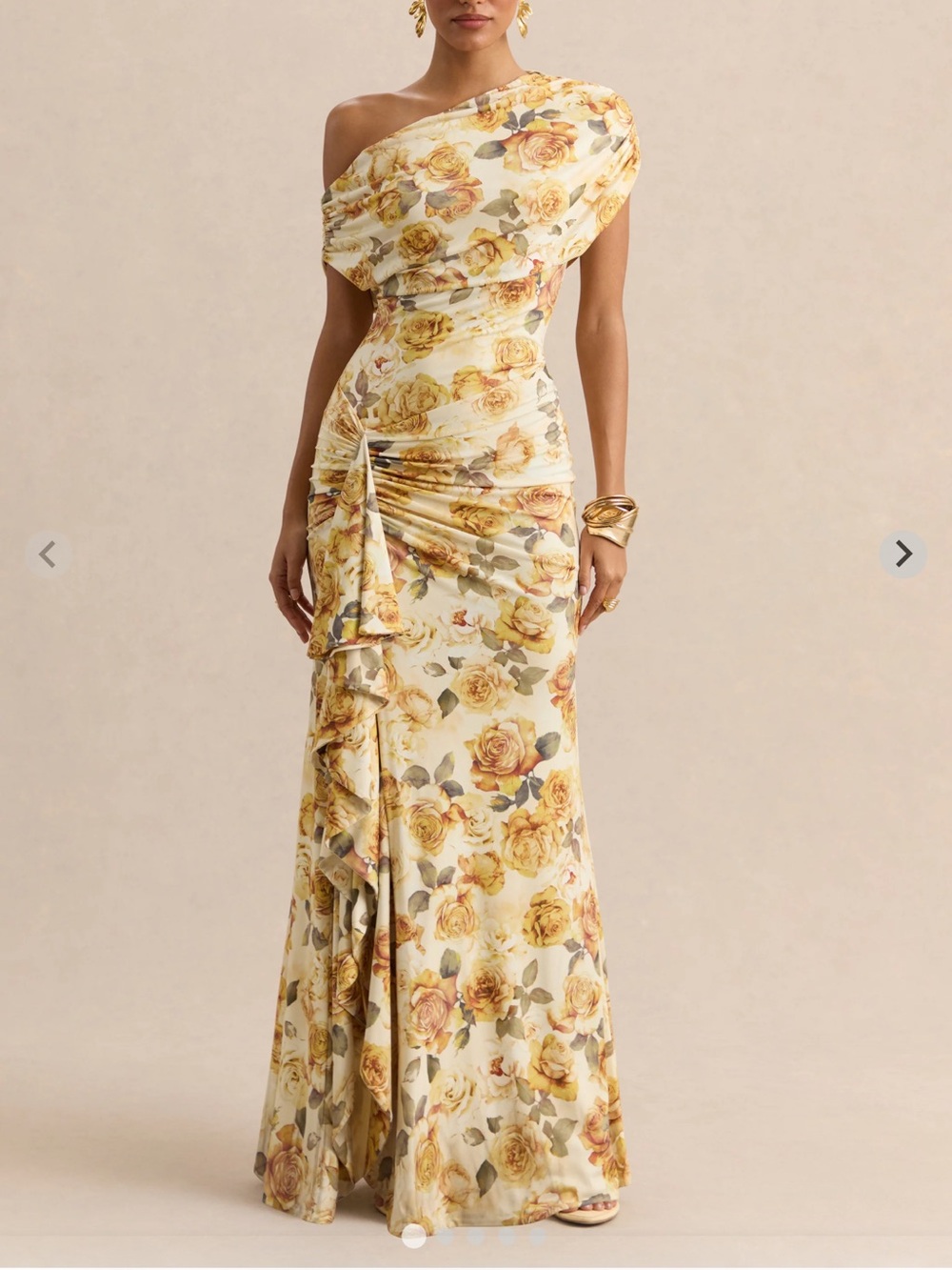 Floral Ruched Maxi Dress in Cream and Gold Roses
